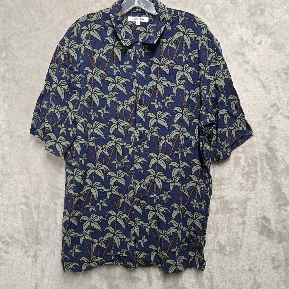 Uniqlo Heather Brown Palm Tree Rayon Hawaiian Aloha Shirt Mens XL Blue Tropical